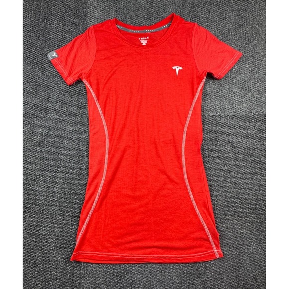 Tesla Tops - Tesla Womens Red Short Sleeve Logo Stretch Performance Fitted T-Shirt Size XS